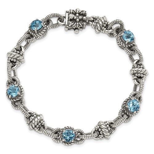 Sterling Silver with 14K Accent 7.75 Inch Antiqued Round Swiss Blue Topaz Bracelet