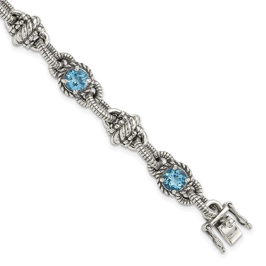 Sterling Silver with 14K Accent 7.75 Inch Antiqued Round Swiss Blue Topaz Bracelet