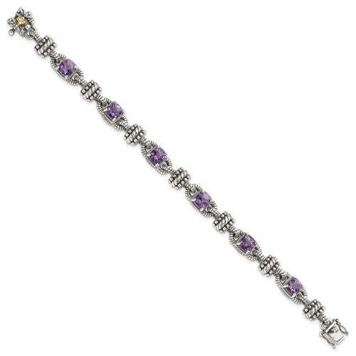 Sterling Silver with 14K Accent 7.5 Inch Antiqued Cushion Amethyst Bracelet