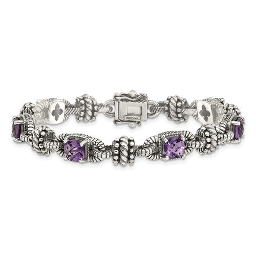 Sterling Silver with 14K Accent 7.5 Inch Antiqued Cushion Amethyst Bracelet