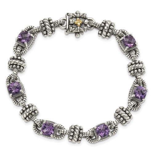 Sterling Silver with 14K Accent 7.5 Inch Antiqued Cushion Amethyst Bracelet