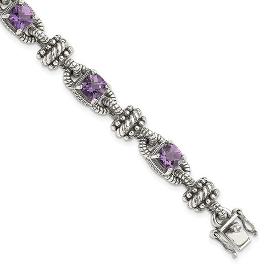 Sterling Silver with 14K Accent 7.5 Inch Antiqued Cushion Amethyst Bracelet