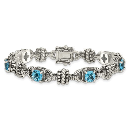 Sterling Silver 7.5 Inch Antiqued Cushion Swiss Blue Topaz Bracelet