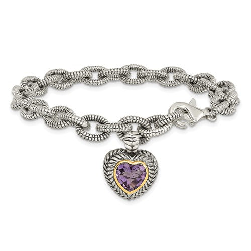 Sterling Silver with 14K Accent 7.5 Inch Antiqued Amethyst Heart Link Bracelet