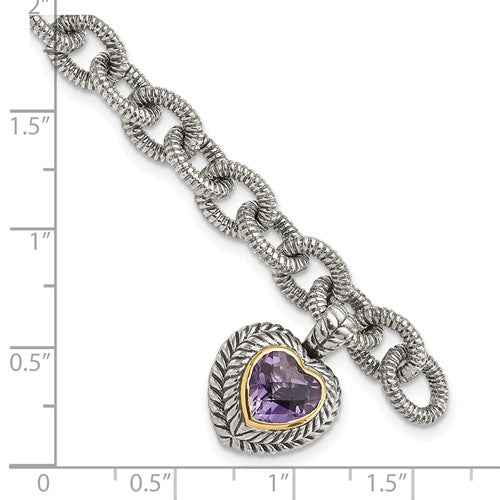 Sterling Silver with 14K Accent 7.5 Inch Antiqued Amethyst Heart Link Bracelet