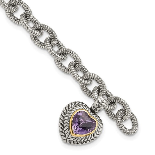 Sterling Silver with 14K Accent 7.5 Inch Antiqued Amethyst Heart Link Bracelet