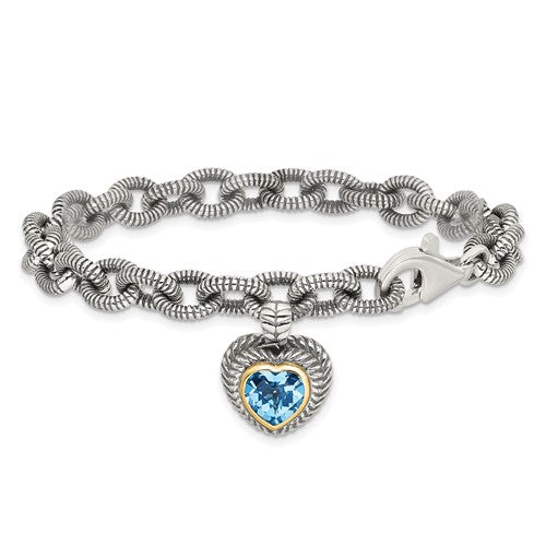 Sterling Silver with 14K Accent 7.5 Inch Antiqued Swiss Blue Topaz Heart Link Bracelet