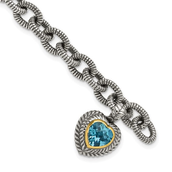 Sterling Silver with 14K Accent 7.5 Inch Antiqued Swiss Blue Topaz Heart Link Bracelet