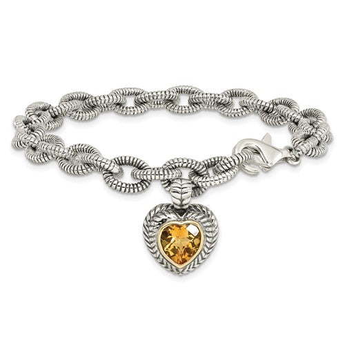 Sterling Silver with 14K Accent 7.5 Inch Antiqued Citrine Heart Link Bracelet