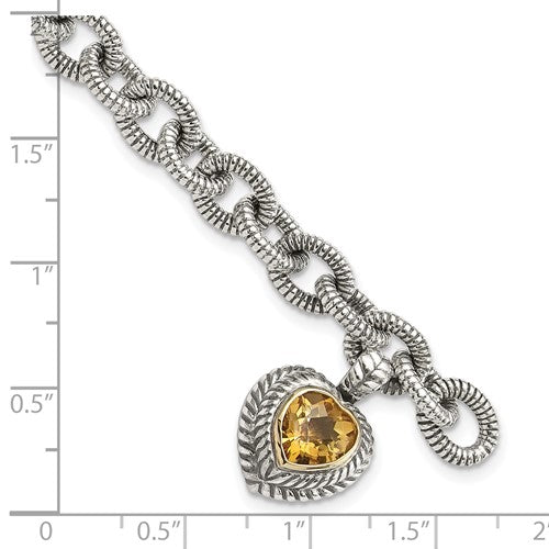 Sterling Silver with 14K Accent 7.5 Inch Antiqued Citrine Heart Link Bracelet