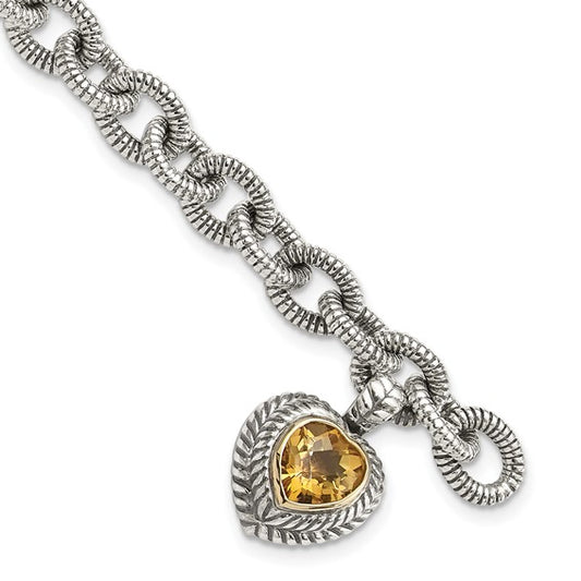 Sterling Silver with 14K Accent 7.5 Inch Antiqued Citrine Heart Link Bracelet