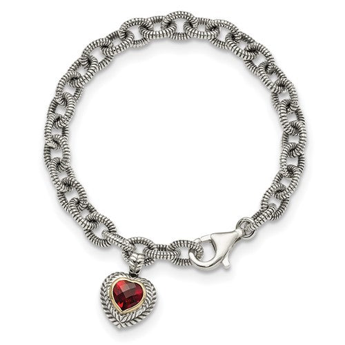 Sterling Silver with 14K Accent 7.5 Inch Antiqued Garnet Heart Link Bracelet