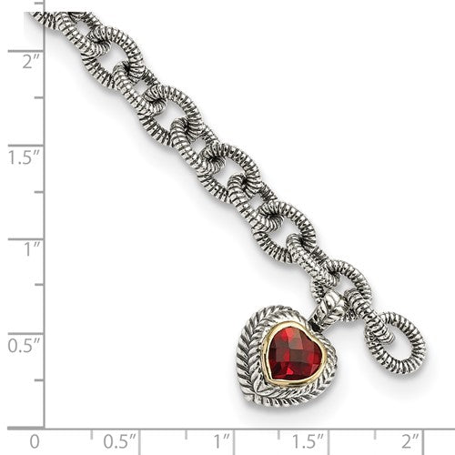 Sterling Silver with 14K Accent 7.5 Inch Antiqued Garnet Heart Link Bracelet