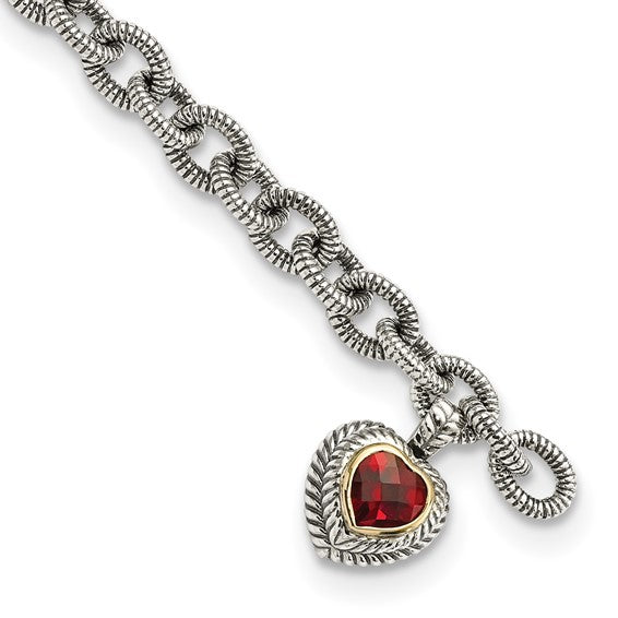 Sterling Silver with 14K Accent 7.5 Inch Antiqued Garnet Heart Link Bracelet