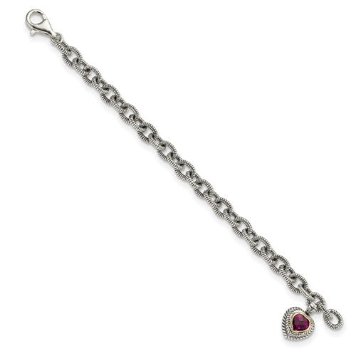 Sterling Silver with 14K Accent 7.5 Inch Antiqued Rhodolite Garnet Heart Link Bracelet