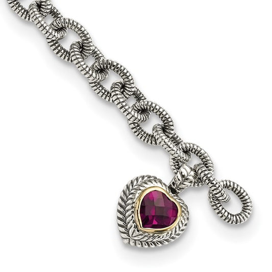 Sterling Silver with 14K Accent 7.5 Inch Antiqued Rhodolite Garnet Heart Link Bracelet