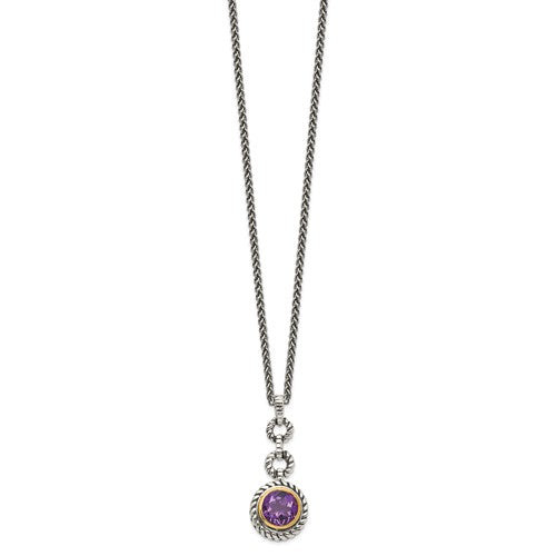 Sterling Silver with 14K Accent Antiqued Round Bezel Amethyst Necklace