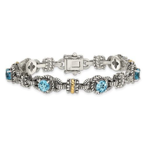 Sterling Silver with 14K Accent 7.5 Inch Antiqued Round Swiss Blue Topaz Bracelet