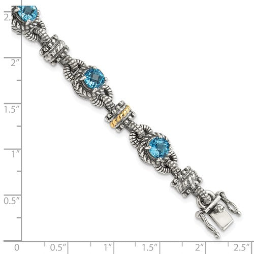 Sterling Silver with 14K Accent 7.5 Inch Antiqued Round Swiss Blue Topaz Bracelet