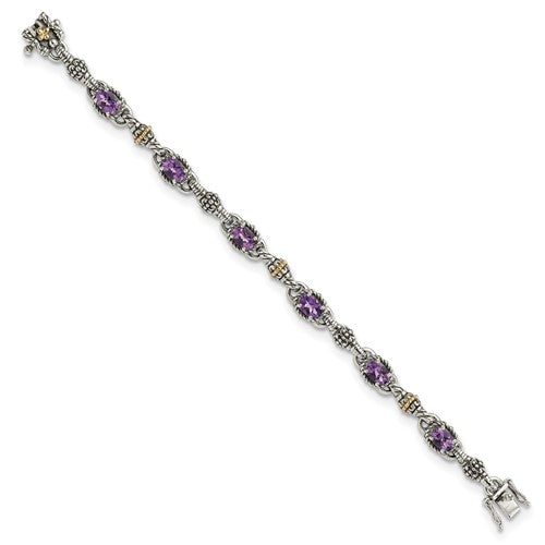 Sterling Silver with 14K Accent 7.25 Inch Antiqued Oval Amethyst Bracelet