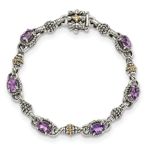Sterling Silver with 14K Accent 7.25 Inch Antiqued Oval Amethyst Bracelet