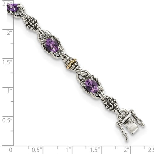 Sterling Silver with 14K Accent 7.25 Inch Antiqued Oval Amethyst Bracelet