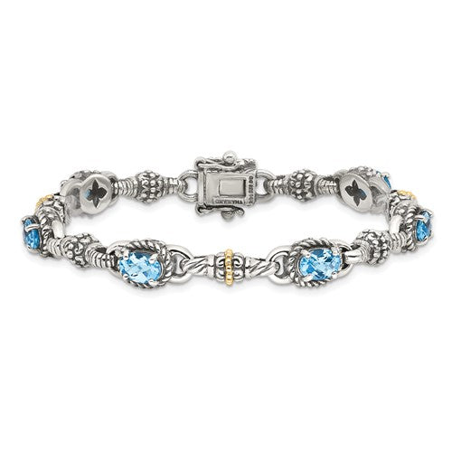 Sterling Silver with 14K Accent 7.25 Inch Antiqued Oval Swiss Blue Topaz Bracelet