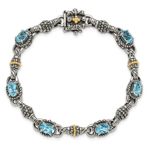 Sterling Silver with 14K Accent 7.25 Inch Antiqued Oval Swiss Blue Topaz Bracelet