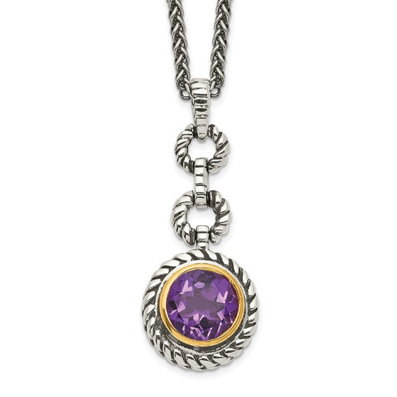 Sterling Silver with 14K Accent Antiqued Round Bezel Amethyst Necklace