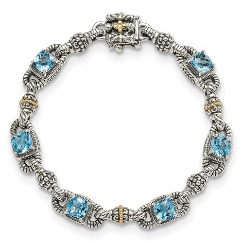 Sterling Silver with 14K Accent 7.25 Inch Antiqued Cushion Sky Blue Topaz Bracelet