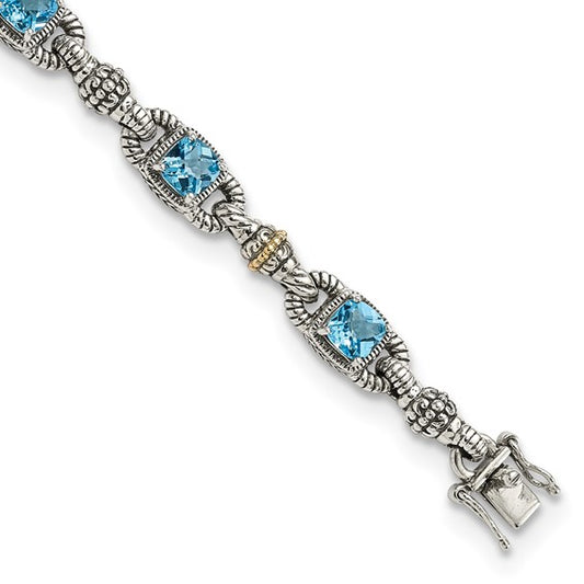Sterling Silver with 14K Accent 7.25 Inch Antiqued Cushion Sky Blue Topaz Bracelet