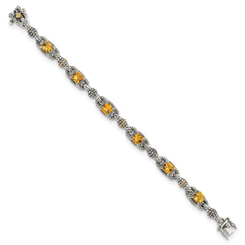 Sterling Silver with 14K Accent 7.25 Inch Antiqued Cushion Citrine Bracelet