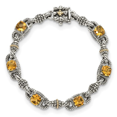 Sterling Silver with 14K Accent 7.25 Inch Antiqued Cushion Citrine Bracelet