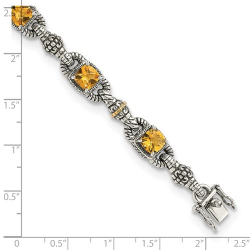 Sterling Silver with 14K Accent 7.25 Inch Antiqued Cushion Citrine Bracelet