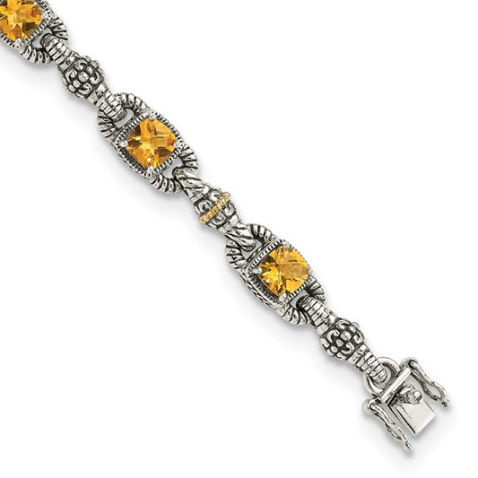 Sterling Silver with 14K Accent 7.25 Inch Antiqued Cushion Citrine Bracelet