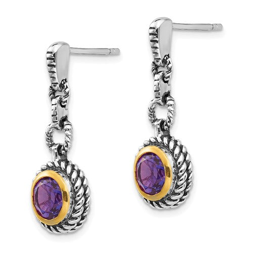 Sterling Silver with 14K Accent Antiqued Round Amethyst Dangle Earrings