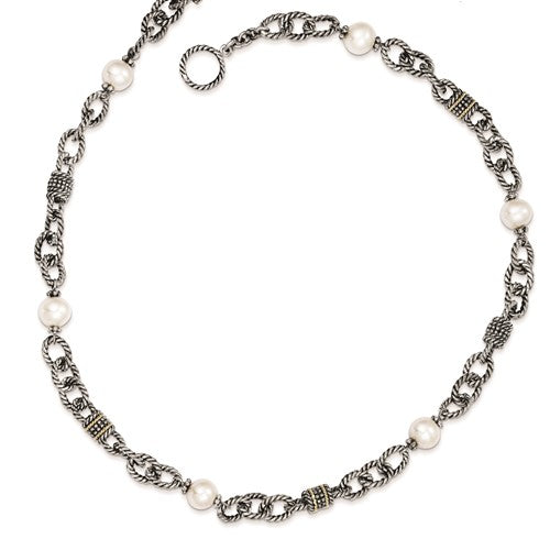 Sterling Silver with 14K Accent Antiqued Cultured Pearl Necklace