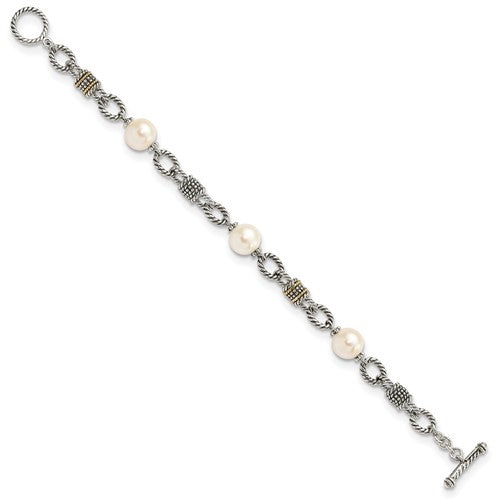 Sterling Silver with 14K Accent 7.5 Inch Antiqued 10-10.5mm Freshwater Cultured Pearl Bracelet