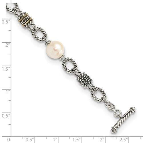 Sterling Silver with 14K Accent 7.5 Inch Antiqued 10-10.5mm Freshwater Cultured Pearl Bracelet