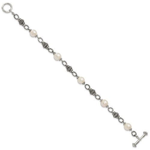 Sterling Silver 8 Inch Antiqued 8-8.5mm Freshwater Cultured Pearl Bracelet