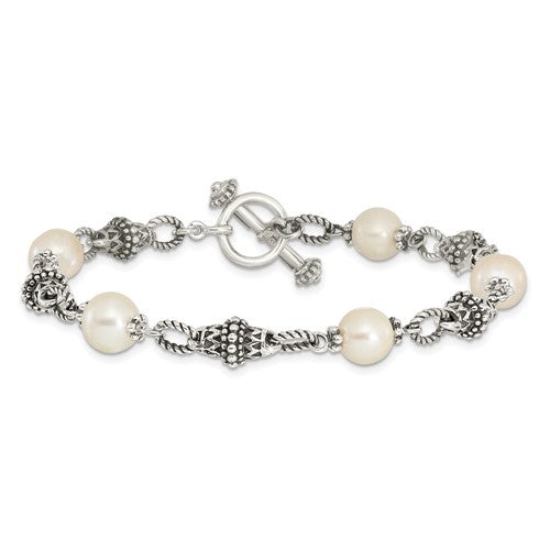 Sterling Silver 8 Inch Antiqued 8-8.5mm Freshwater Cultured Pearl Bracelet