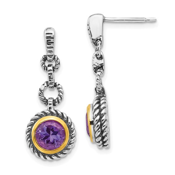 Sterling Silver with 14K Accent Antiqued Round Amethyst Dangle Earrings