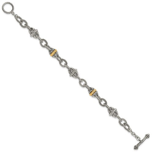 Sterling Silver with 14K Accent 7.5 Inch Antiqued Link Bracelet