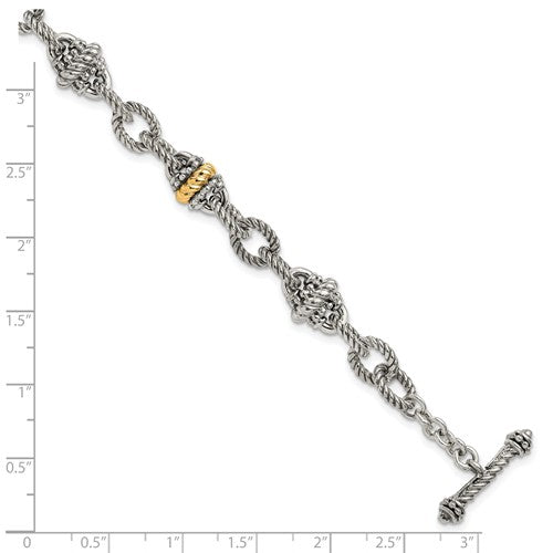 Sterling Silver with 14K Accent 7.5 Inch Antiqued Link Bracelet