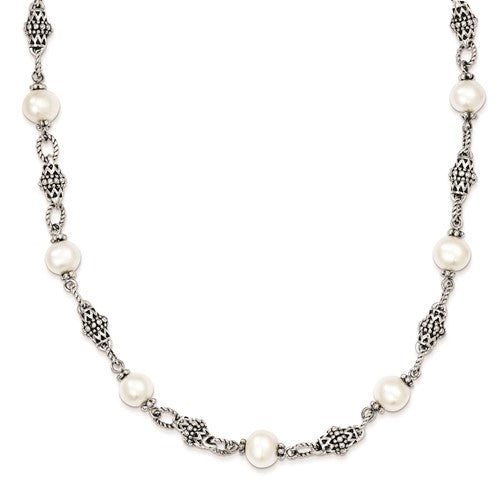 Sterling Silver Antiqued Freshwater White Pearl Necklace