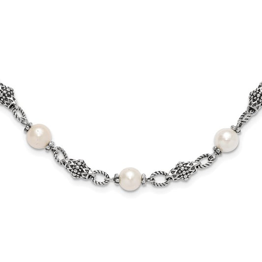 Sterling Silver Antiqued Freshwater White Pearl Necklace