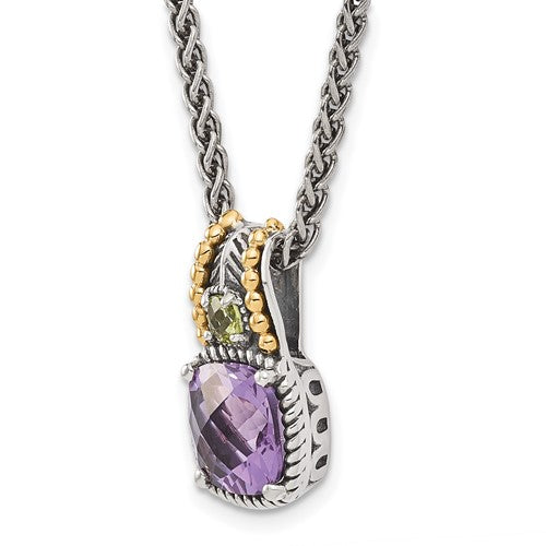Sterling Silver with 14K Accent Antiqued Amethyst & Peridot Necklace