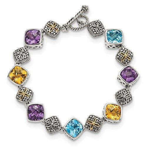 Sterling Silver with 14K Accent 8.25 Inch Antiqued Cushion Bezel Amethyst Blue Topaz and Citrine Multicolored Gemstone Bracelet