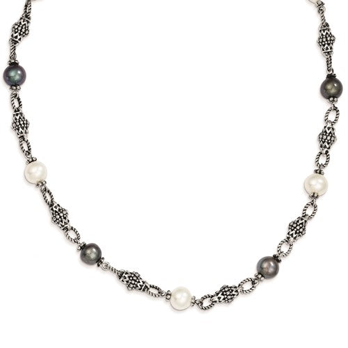 Sterling Silver Antiqued Freshwater Black and White Pearl Necklace