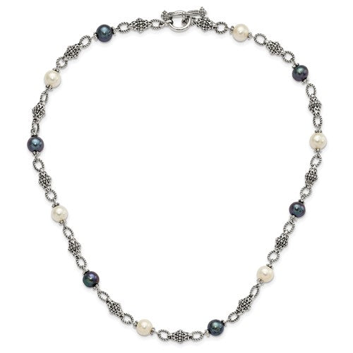 Sterling Silver Antiqued Freshwater Black and White Pearl Necklace